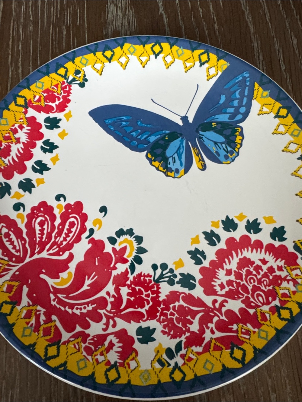 Tag Butterfly Floral Ceramic White Dessert Plates with Blue, Red, Yellow Prints - Picture 5 of 7